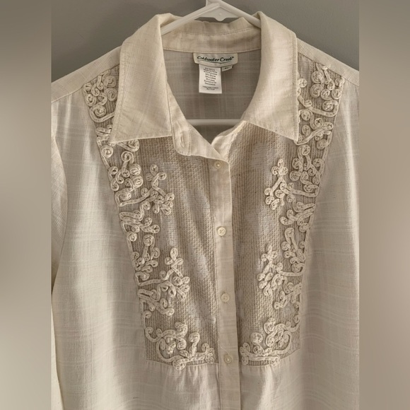 Coldwater Creek Womens Blouse PL Cream Long Sleeve Embroidered Floral Boho - Picture 2 of 8